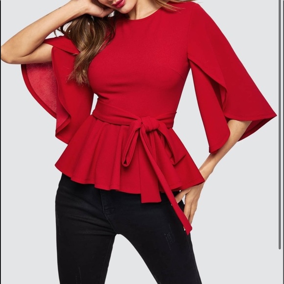 Tops - Elegant Classy Peplum Slit Sleeve Top shirt Belted Blouse Red